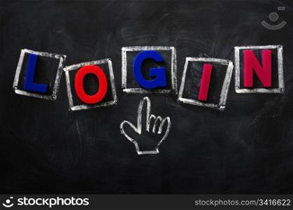 Log in made of color letters with a hand cursor on a blackboard