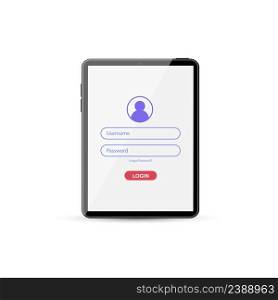 Log in screen on tablet. Application interface, registration form with login and password fields. Website UI with buttons and network account sign.. Log in screen on tablet. Application interface, registration form with login and password fields. Website UI with buttons and network account.
