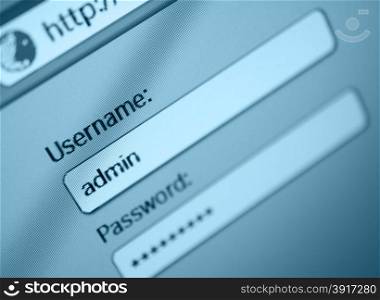 Login Box - Username - Admin and Password in Internet Browser on Computer Screen - Shallow Depth of Field