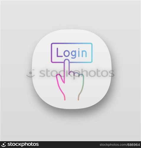 Login button click app icon. UI/UX user interface. Authorization. Hand pressing button. Web or mobile application. Vector isolated illustration. Login button click app icon