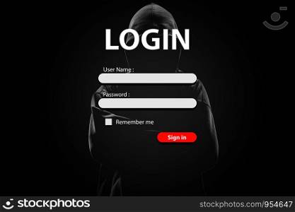 Login form and hacker with lock on dark background. Concept of cyber attack and security
