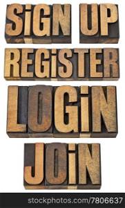 login, register, join, sign up - internet and networoking terms - a collage of isolated words in vintage letterpress wood type