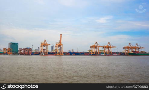 Logistic concept, container cargo ship transport import export in harbor and crane