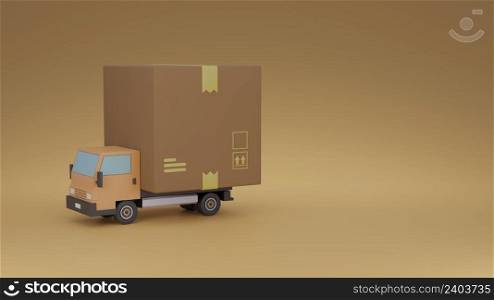 Logistic delivery courier truck with cardboard parcel box as storage 3D rendering illustration