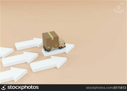 Logistic delivery courier truck with cardboard parcel box as storage on arrow shape 3D rendering illustration