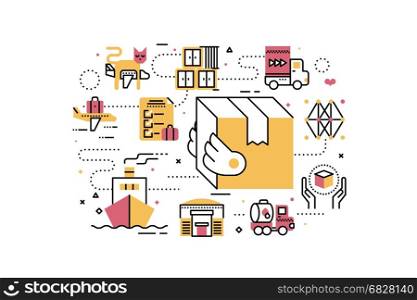 Logistics and transportation line icons illustration. Design in modern style with related icons ornament concept for website, app, web banner.
