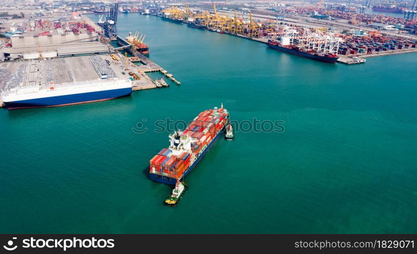 Logistics and transportation of International container cargo ship in the ocean freight and shipping port background aerial view