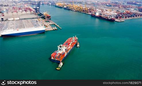Logistics and transportation of International container cargo ship in the ocean freight and shipping port background aerial view