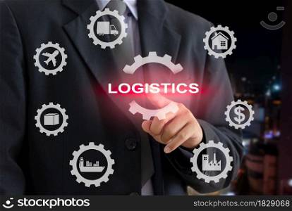 logistics business Connecting business technology around the world for import export. businessman touching digital business icon virtual screen interface.
