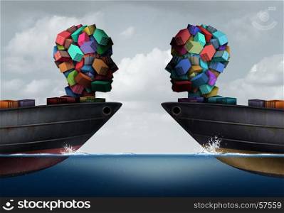 Logistics partnership and business export agreement concept as two transport cargo ships with freight shaped as a human head meeting together as a shipping and transportation cooperation symbol with 3D illustration elements.