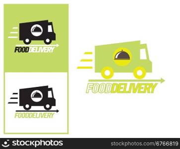 Logo design element. Food delivery van with platter.