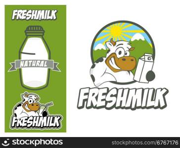 Logo design element. Fresh milk Concept. Smiling cow holding glass of milk.