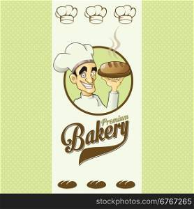 Logo design element. Premium Bakery. Happy Baker Presenting Loaf of Bread.