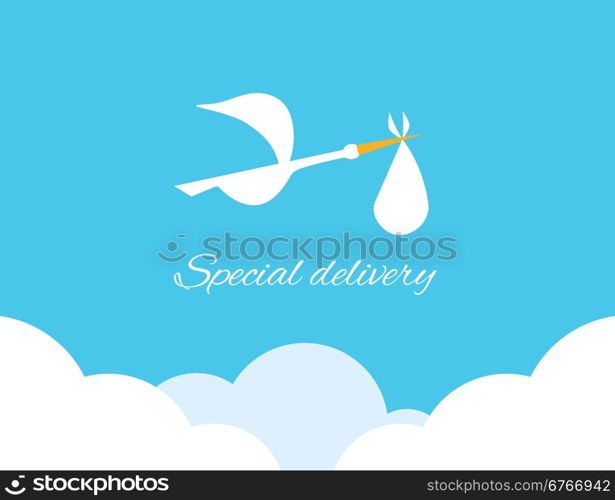 Logo design element. Stork delivering baby in a bag for birth announcement.