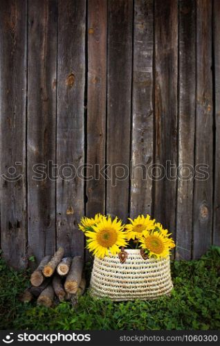 Logs, a bouquet of sunflowers in a straw bag are standing near a wooden old house.. Logs, a bouquet of sunflowers in a straw bag are standing near a wooden house.