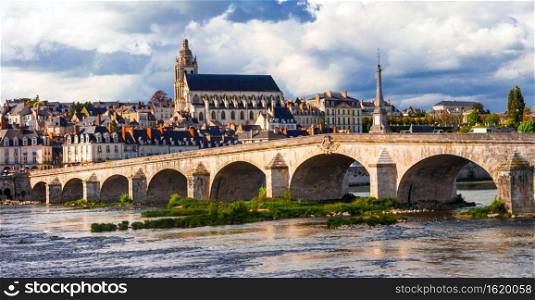 Loire valley castles and towns- medieval Blois. view with old bridge. France