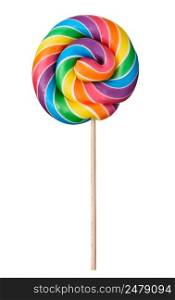 Lollipop swirl big candy on wooden stick rainbow colored isolated on white background