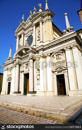 lombardy in the busto arsizio old church closed brick tower sidewalk italy &#xA;