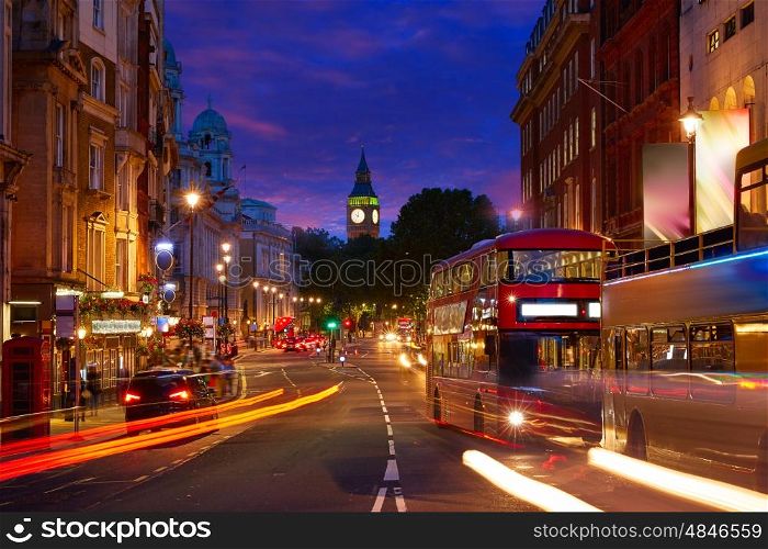 London Big Ben from Trafalgar Square traffic lights at sunset