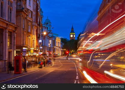 London Big Ben from Trafalgar Square traffic lights at sunset