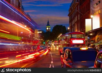 London Big Ben from Trafalgar Square traffic lights at sunset