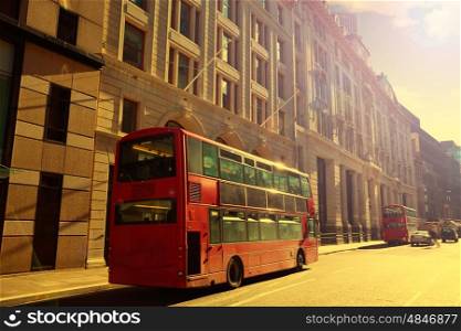 London bus at financial district street Square Mile England UK