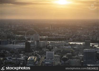 London city aerial view over skyline with dramatic sky