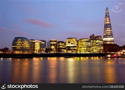 London City Hall Skylines along River Thames at Dusk, England UK