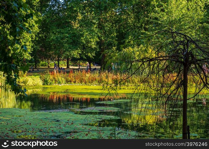 London, England - August 4, 2018: View of St James&rsquo;s Park in London with people enjoying themselves in the background on a beautiful summer afternoon