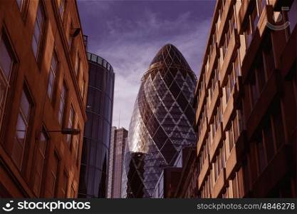 London financial district street Square Mile with Gherkin building