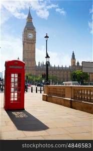 London old red Telephone box and Big Ben clock tower in England