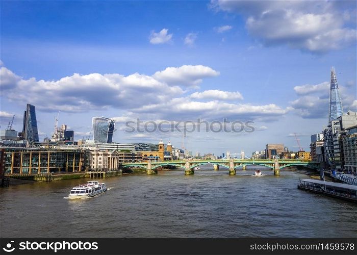 London panoramic view and Thames river, UK. London view from Thames river, UK