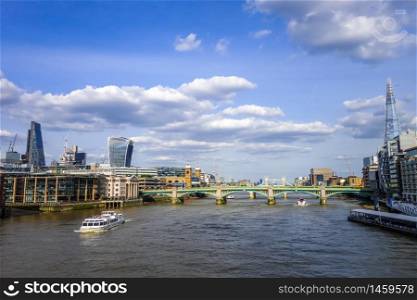 London panoramic view and Thames river, UK. London view from Thames river, UK