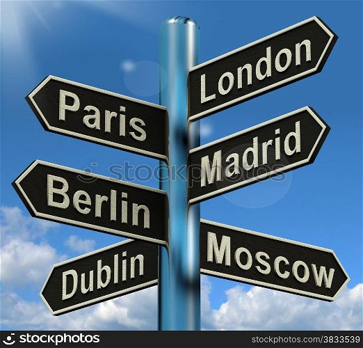 London Paris Madrid Berlin Signpost Showing Europe Travel Tourism And Destinations. London Paris Madrid Berlin Signpost Shows Europe Travel Tourism And Destinations