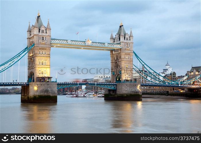 London River Thames and Tower Bridge International Landmark of England United Kingdom at Dusk
