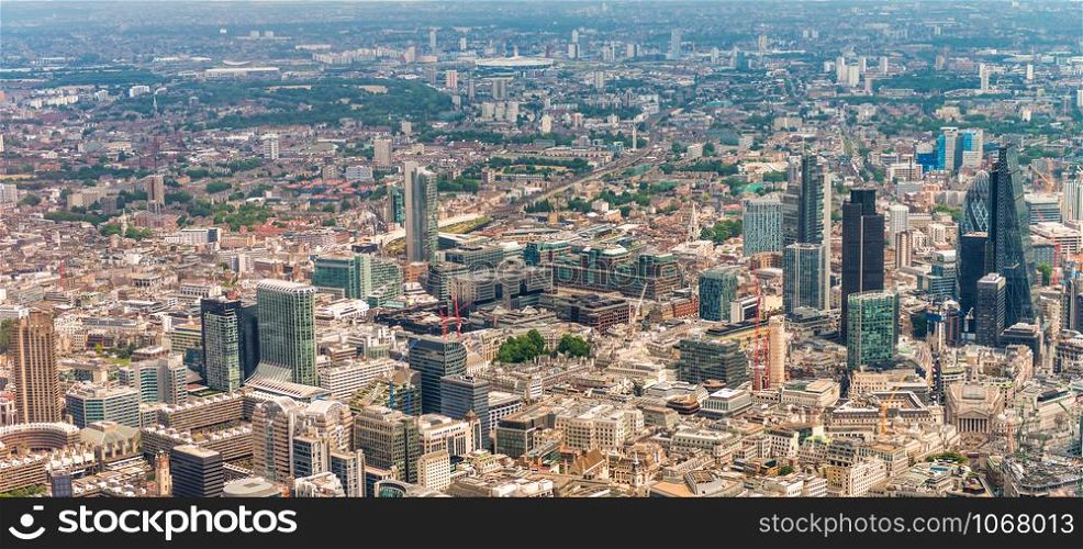 London skyline aerial view. Business buildings and skyscrapers, corporate concept.