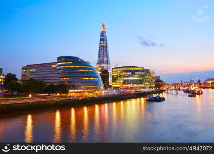 London skyline sunset City Hall and Shard on Thames river