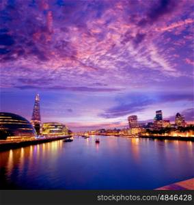 London skyline sunset with City Hall and financial on Thames river
