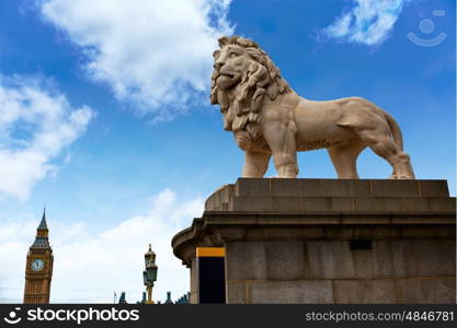 London south Bank Lion and Big Ben statue near Thames River