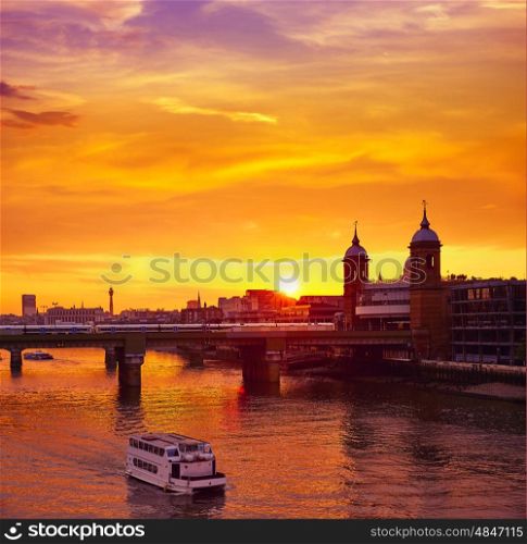London sunset at Thames with St Paul Pauls Cathedral of England