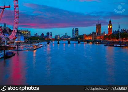 London sunset skyline Bigben and Thames river
