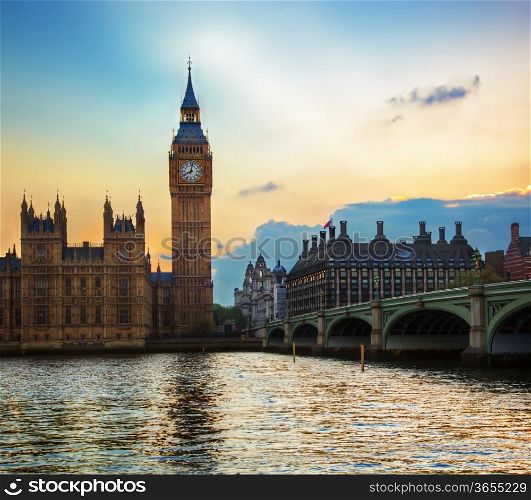 London, the UK. Big Ben, the Palace of Westminster at sunset. The icon of England