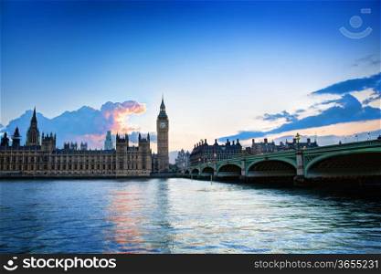 London, the UK. Big Ben, the Palace of Westminster at sunset. The icon of England