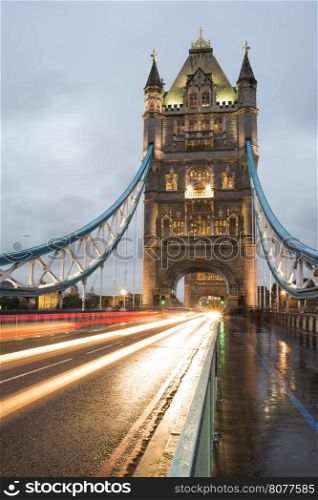 London Tower bridge on sunset illuminated with different colors