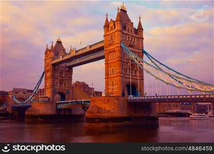 London Tower Bridge over Thames river sunset in England