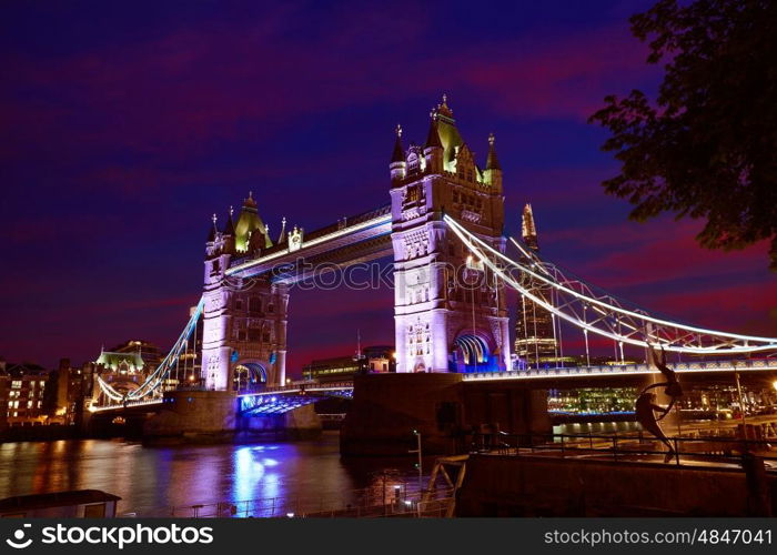 London Tower Bridge sunset on Thames river in England