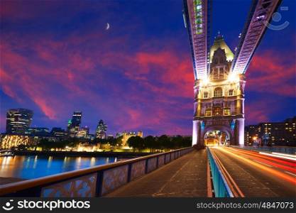 London Tower Bridge sunset on Thames river in England