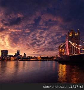 London Tower Bridge sunset on Thames river in England