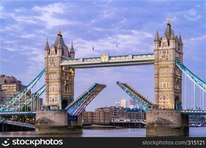 London Tower Bridge with London downtown skylines building in background, London UK