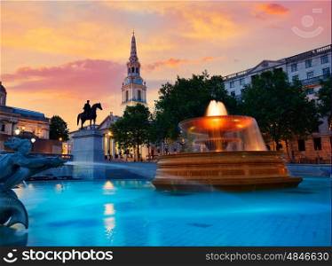 London Trafalgar Square fountain at sunset England